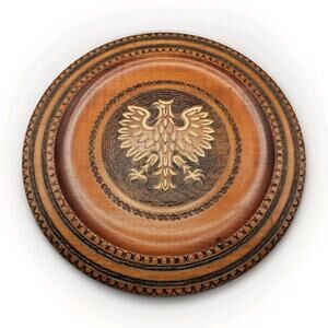 Vintage Hand Carved Wood Polish Falcon Hanging Plaque Wire Accents 12" Plate